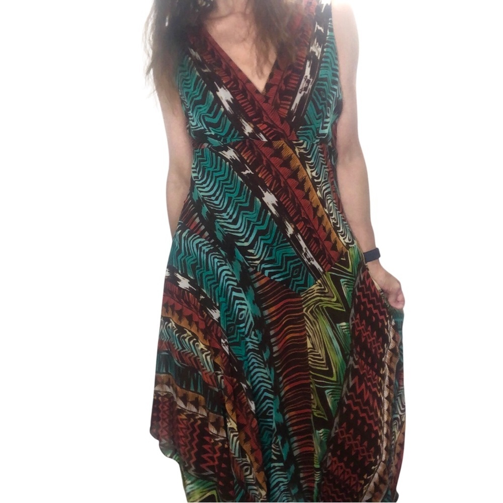 Vtg Y2K 90's Boho Babydoll Dress Sz L (12) Asymmetric Hem Abstract Flowy Retro